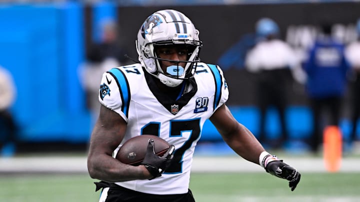 Dec 15, 2024; Charlotte, North Carolina, USA; Carolina Panthers wide receiver Xavier Legette (17) with the ball in the first quarter at Bank of America Stadium. Mandatory Credit: Bob Donnan-Imagn Images