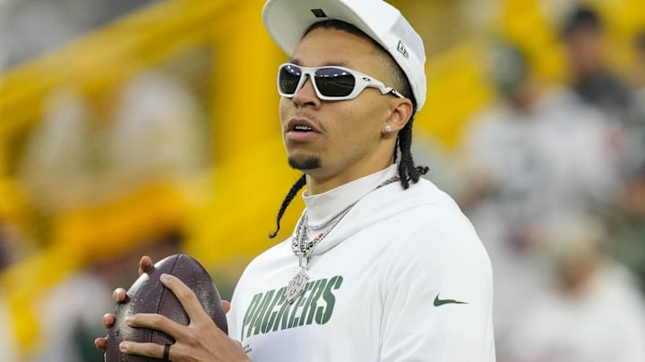 Green Bay Packers wide receiver Christian Watson during warmups prior to the game against the Washington Commanders at Lambeau Field.