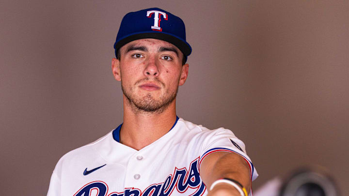 Feb 17, 2026; Surprise, AZ, USA; Texas Rangers outfielder Aaron Zavala during media day at Surprise Sports Complex. Mandatory Credit: Arianna Grainey-Imagn Images