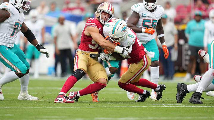 Miami Dolphins wide receiver Malik Washington (6) is tackled by San Francisco 49ers defensive line Nick Bosa (97) in the first half at Levi's Stadium. Miami Dolphins wide receiver Malik Washington (6) is tackled by San Francisco 49ers defensive line Nick Bosa (97) in the first half at Levi's Stadium.