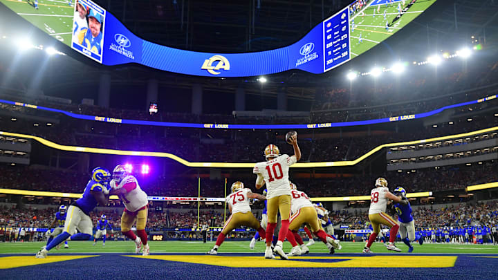 San Francisco 49ers quarterback Mac Jones (10) drops back to pass against the Los Angeles Rams during the second half at SoFi Stadium. San Francisco 49ers quarterback Mac Jones (10) drops back to pass against the Los Angeles Rams during the second half at SoFi Stadium.