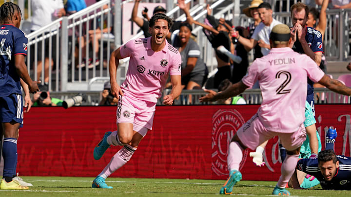 Inter Miami CF forward Leonardo Campana celebrates one of his three goals April 9 against New England with teammate Deandre Yedlin.