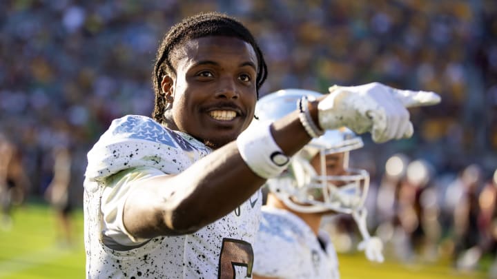 Nov 18, 2023; Tempe, Arizona, USA; Oregon Ducks defensive back Khyree Jackson (5) against the Arizona State Sun Devils at Mountain America Stadium. Mandatory Credit: Mark J. Rebilas-USA TODAY Sports