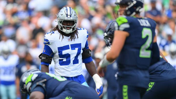 Dallas Cowboys linebacker Malachi Lawrence during the game at Lumen Field. Dallas Cowboys linebacker Malachi Lawrence during the game at Lumen Field.