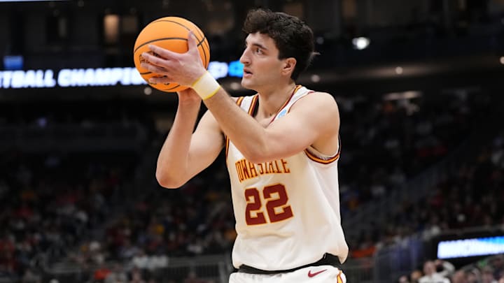Mar 23, 2025; Milwaukee, WI, USA; Iowa State Cyclones forward Milan Momcilovic (22) shoots against the Mississippi Rebels during the second half in the second round of the NCAA Tournament at Fiserv Forum. Mandatory Credit: Jeff Hanisch-Imagn Images Mar 23, 2025; Milwaukee, WI, USA; Iowa State Cyclones forward Milan Momcilovic (22) shoots against the Mississippi Rebels during the second half in the second round of the NCAA Tournament at Fiserv Forum. Mandatory Credit: Jeff Hanisch-Imagn Images