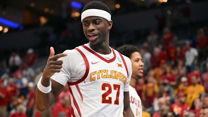 Mar 20, 2026; St. Louis, MO, USA; Iowa State Cyclones guard Killyan Toure (27) reacts to a television camera after a first round game of the men's 2026 NCAA Tournament against the Tennessee State Tigers at Enterprise Center.