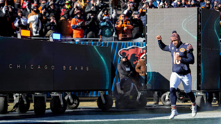 Dec 14, 2025; Chicago, Illinois, USA; Chicago Bears quarterback Caleb Williams (18) runs onto the field prior to the game against the Cleveland Browns at Soldier Field. Dec 14, 2025; Chicago, Illinois, USA; Chicago Bears quarterback Caleb Williams (18) runs onto the field prior to the game against the Cleveland Browns at Soldier Field.