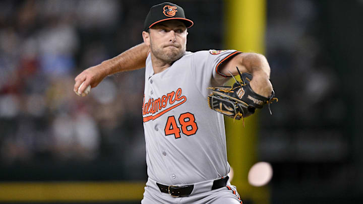 Jul 2, 2025; Arlington, Texas, USA; Baltimore Orioles relief pitcher Corbin Martin (48) pitches during the game between the Texas Rangers and the Baltimore Orioles at Globe Life Field