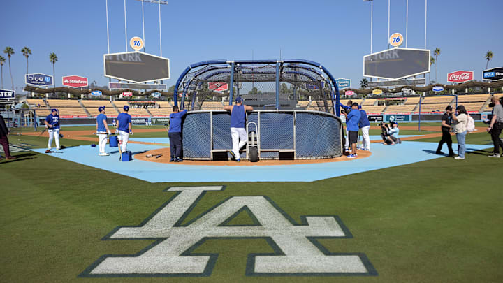 Oct 25, 2024; Los Angeles, California, USA; General view of the logo on the field before game one between the New York Yankees and the Los Angeles Dodgers in the 2024 MLB World Series at Dodger Stadium. Mandatory Credit: Jayne Kamin-Oncea-Imagn Images