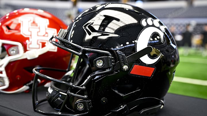 Jul 12, 2023; Arlington, TX, USA; A view of the Cincinnati Bearcats helmet and logo during Big 12 football media day at AT&T Stadium. Mandatory Credit: Jerome Miron-Imagn Images
