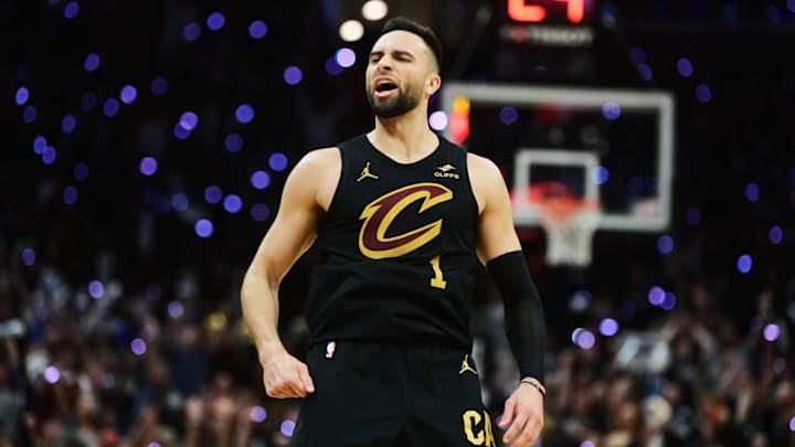 May 5, 2024; Cleveland, Ohio, USA; Cleveland Cavaliers guard Max Strus (1) celebrates after hitting a three point basket during the second half against the Orlando Magic in game seven of the first round for the 2024 NBA playoffs at Rocket Mortgage FieldHouse. May 5, 2024; Cleveland, Ohio, USA; Cleveland Cavaliers guard Max Strus (1) celebrates after hitting a three point basket during the second half against the Orlando Magic in game seven of the first round for the 2024 NBA playoffs at Rocket Mortgage FieldHouse.