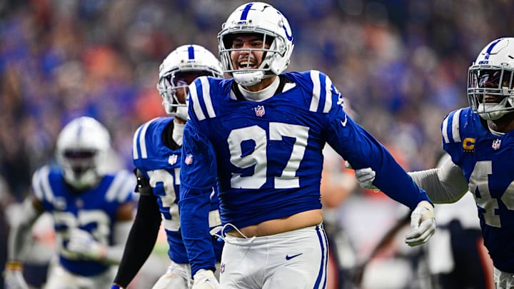 Sep 22, 2024; Indianapolis, Indiana, USA; Indianapolis Colts defensive end Laiatu Latu (97) celebrates a sack during the second half against the Chicago Bears at Lucas Oil Stadium. Mandatory Credit: Marc Lebryk-Imagn Images

