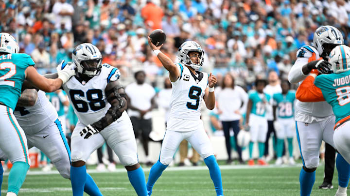 Bryce Young hit a cameraman in the head during the Panthers win over the Dolphins on Sunday.