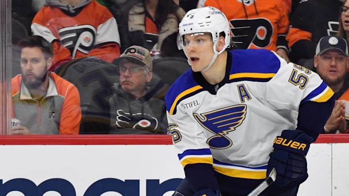 Mar 4, 2024; Philadelphia, Pennsylvania, USA; St. Louis Blues defenseman Colton Parayko (55) against
