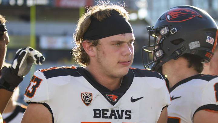 Nov 19, 2022; Tempe, Arizona, USA; Oregon State Beavers offensive lineman Luka Vincic (63) against the Arizona State Sun Devils at Sun Devil Stadium. Mandatory Credit: Mark J. Rebilas-Imagn Images