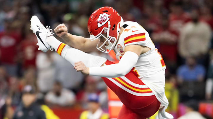 Feb 9, 2025; New Orleans, LA, USA;  Kansas City Chiefs punter Matt Araiza (14) against the Philadelphia Eagles in Super Bowl LIX at Ceasars Superdome. Mandatory Credit: Mark J. Rebilas-Imagn Images
