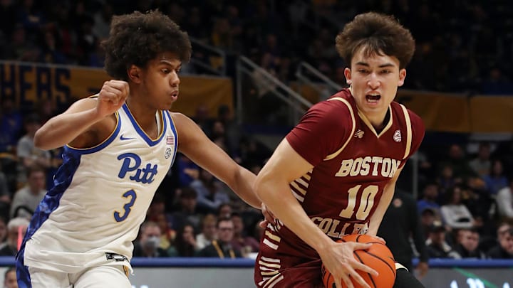 Mar 8, 2025; Pittsburgh, Pennsylvania, USA;   Boston College Eagles guard Luka Toews (10) handles the ball  against Pittsburgh Panthers guard Brandin Cummings (3) during the first half at the Petersen Events Center. Mandatory Credit: Charles LeClaire-Imagn Images