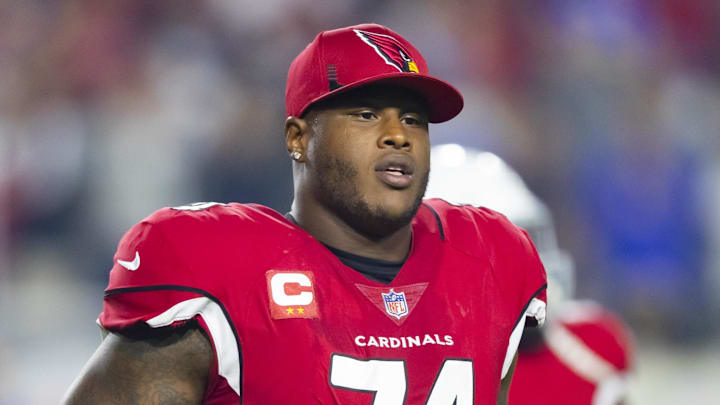 Dec 13, 2021; Glendale, Arizona, USA; Arizona Cardinals offensive lineman D.J. Humphries (74) against the Los Angeles Rams at State Farm Stadium. Mandatory Credit: Mark J. Rebilas-Imagn Images