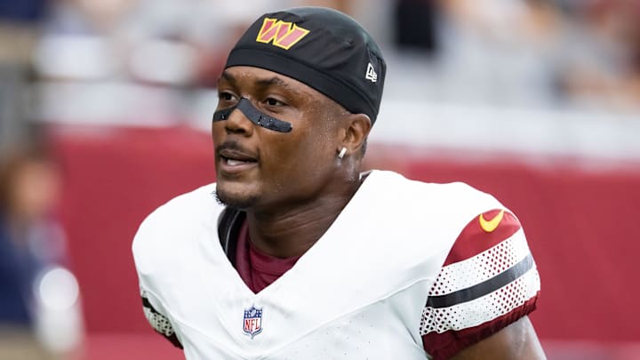 Sep 29, 2024; Glendale, Arizona, USA; Washington Commanders wide receiver Terry McLaurin (17) against the Arizona Cardinals at State Farm Stadium. Mandatory Credit: Mark J. Rebilas-Imagn Images