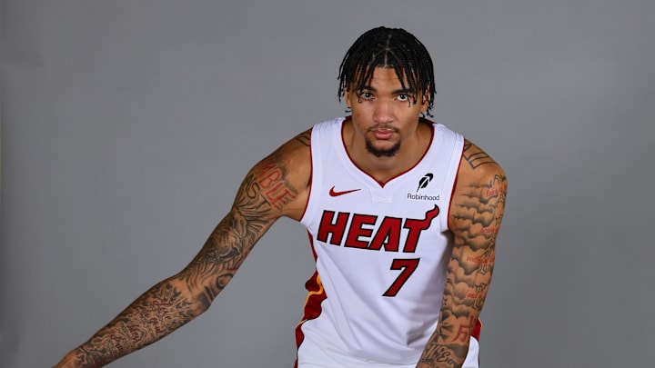 Sep 30, 2024; Miami, FL, USA; Miami Heat center Kel'el Ware (7) poses for a photo during media day at Kaseya Center Mandatory Credit: Sam Navarro-Imagn Images