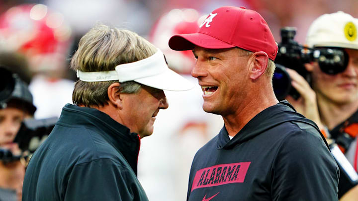 Sep 28, 2024; Tuscaloosa, Alabama, USA; Georgia Bulldogs head coach Kirby Smart and Alabama Crimson Tide head coach Kalen DeBoer greet each other before the game at Bryant-Denny Stadium. Mandatory Credit: John David Mercer-Imagn Images Sep 28, 2024; Tuscaloosa, Alabama, USA; Georgia Bulldogs head coach Kirby Smart and Alabama Crimson Tide head coach Kalen DeBoer greet each other before the game at Bryant-Denny Stadium. Mandatory Credit: John David Mercer-Imagn Images