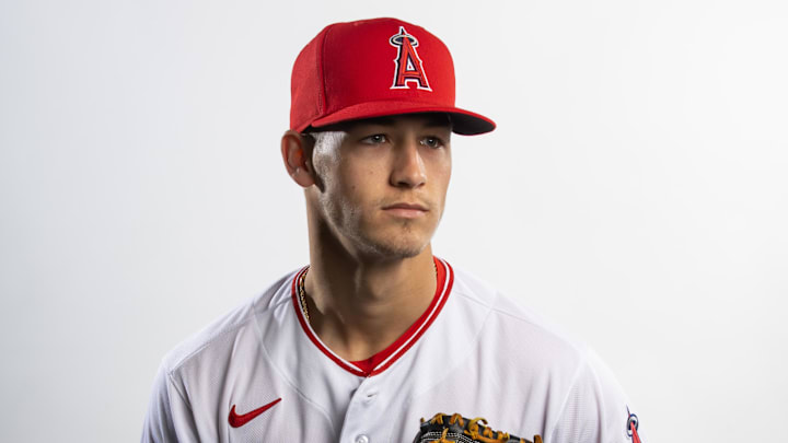 Feb 21, 2023; Tempe, AZ, USA; Los Angeles Angels pitcher Coleman Crow poses for a portrait during photo day at the teams practice facility. Mandatory Credit: Mark J. Rebilas-Imagn Images
