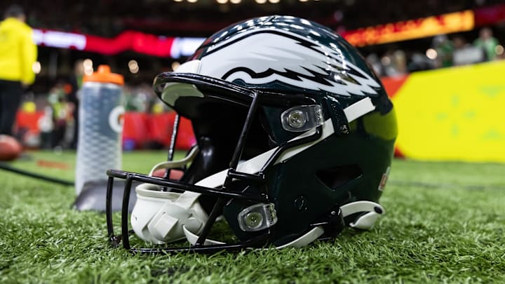 Feb 9, 2025; New Orleans, LA, USA; Detailed view of a Philadelphia Eagles helmet during Super Bowl LIX at Ceasars Superdome. Mandatory Credit: Mark J. Rebilas-Imagn Images