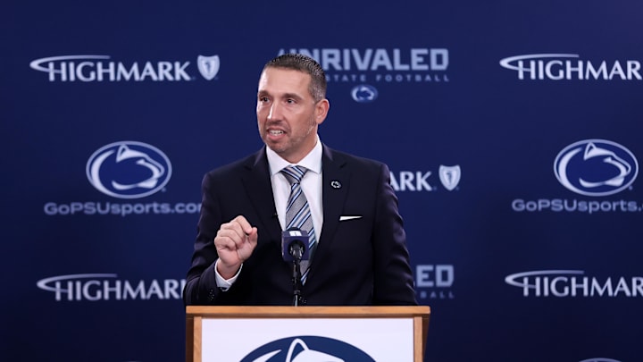 Penn State Nittany Lions football coach Matt Campbell speaks at a press conference at Beaver Stadium.
