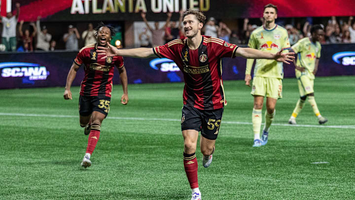 Atlanta United midfielder Aleksey Miranchuk (59) celebrates the goal against the New York Red Bulls during the second half at Mercedes-Benz Stadium 