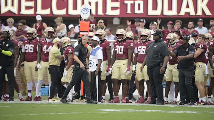 Aug 30, 2025; Tallahassee, Florida, USA; Florida State Seminoles head coach Mike Norvell looks on against the Alabama Crimson Tide during the first half at Doak S. Campbell Stadium. Mandatory Credit: Melina Myers-Imagn Images
