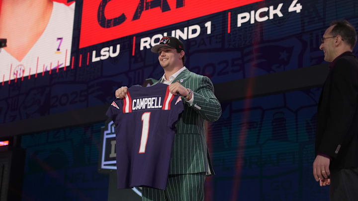 Offensive Tackle Will Campbell of LSU poses after he is selected by the New England Patriots as the number four pick in the first round of the 2025 NFL Draft at Lambeau Field.