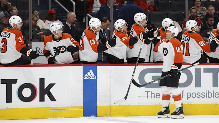 Sep 22, 2024; Washington, District of Columbia, USA; Philadelphia Flyers forward Bobby Brink (10) celebrates with teammates after scoring a goal against the Washington Capitals in the first period at Capital One Arena. Mandatory Credit: Geoff Burke-Imagn Images
