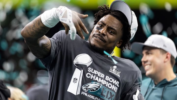 Feb 9, 2025; New Orleans, LA, USA; Philadelphia Eagles safety C.J. Gardner-Johnson celebrates after defeating the Kansas City Chiefs in Super Bowl LIX at Ceasars Superdome. Feb 9, 2025; New Orleans, LA, USA; Philadelphia Eagles safety C.J. Gardner-Johnson celebrates after defeating the Kansas City Chiefs in Super Bowl LIX at Ceasars Superdome.