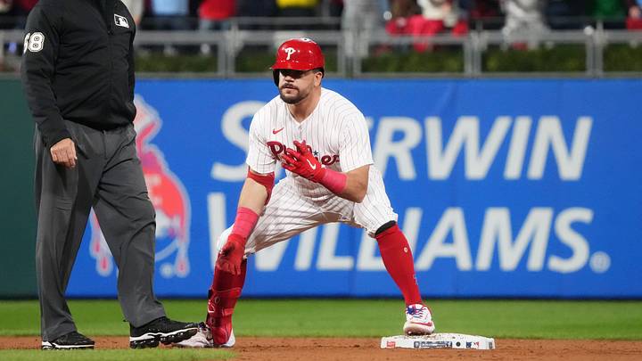 Philadelphia Phillies left fielder Kyle Schwarber (12) reacts to a double during the fifth inning against the Arizona Diamondbacks in game seven of the NLCS at Citizens Bank Park in Philadelphia on Oct. 24, 2023. Philadelphia Phillies left fielder Kyle Schwarber (12) reacts to a double during the fifth inning against the Arizona Diamondbacks in game seven of the NLCS at Citizens Bank Park in Philadelphia on Oct. 24, 2023.