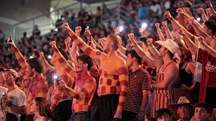 Sep 21, 2024; Tallahassee, Florida, USA; Florida State Seminoles fans before the start of the fourth quarter against the California Golden Bears at Doak S. Campbell Stadium. Mandatory Credit: Melina Myers-Imagn Images