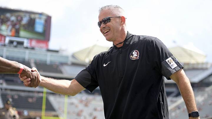 Sep 20, 2025; Tallahassee, Florida, USA; Florida State Seminoles head coach Mike Norvell before the game against the Kent State Golden Flashes at Doak S. Campbell Stadium. Mandatory Credit: Melina Myers-Imagn Images