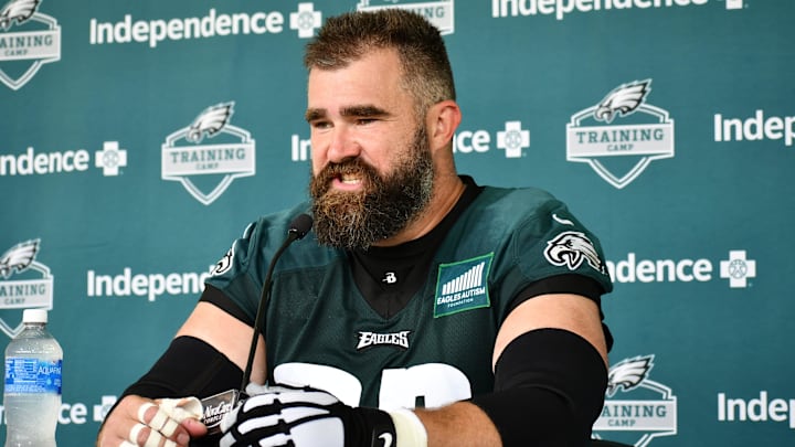 Philadelphia Eagles center Jason Kelce speaks with the media after the first day of training camp at the NovaCare Complex in Philadelphia on July 26, 2023.