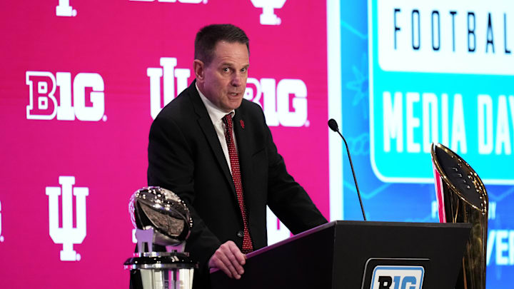 Jul 22, 2025; Las Vegas, NV, USA; Indiana head coach Curt Cignetti speaks to the media during the Big Ten NCAA college football media days at Mandalay Bay Resort. Mandatory Credit: Lucas Peltier-Imagn Images