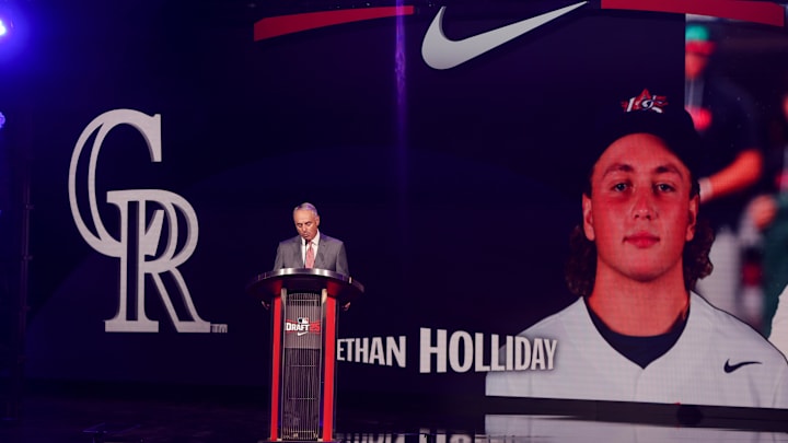 Ethan Holliday is drafted by the Colorado Rockies with the fourth pick during the first round of the MLB Draft at The Coca-Cola Roxy on July 13. 