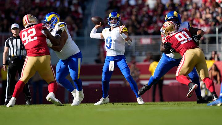 Nov 9, 2025; Santa Clara, California, USA; Los Angeles Rams quarterback Matthew Stafford (9) throws a pass during the first quarter against the San Francisco 49ers at Levi's Stadium. Mandatory Credit: Kyle Terada-Imagn Images Nov 9, 2025; Santa Clara, California, USA; Los Angeles Rams quarterback Matthew Stafford (9) throws a pass during the first quarter against the San Francisco 49ers at Levi's Stadium. Mandatory Credit: Kyle Terada-Imagn Images