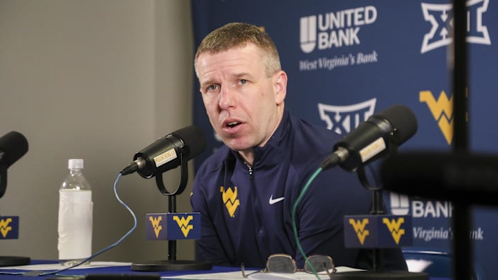 Feb 28, 2026; Morgantown, West Virginia, USA; West Virginia Mountaineers head coach Ross Hodge answers questions from the media after defeating the BYU Cougars at Hope Coliseum.