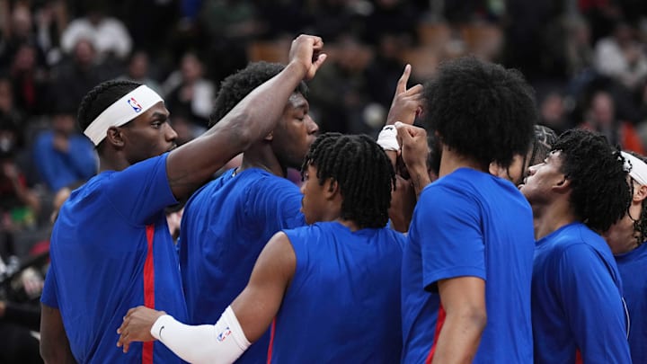 Mar 24, 2023; Toronto, Ontario, CAN; The Detroit Pistons players huddle prior to tipoff 