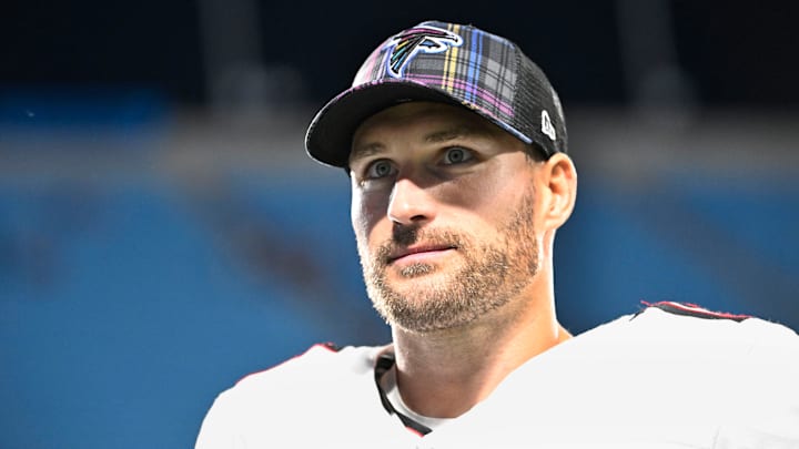Oct 13, 2024; Charlotte, North Carolina, USA; Atlanta Falcons quarterback Kirk Cousins (18) walks off the field after the game at Bank of America Stadium. Mandatory Credit: Bob Donnan-Imagn Images