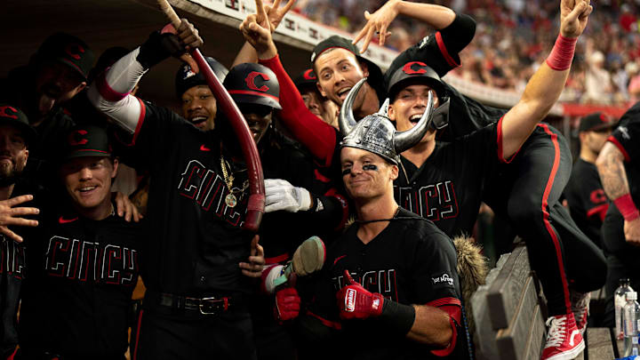Matt McLain wears a Viking helmet after hitting a grand slam against the Arizona Diamondbacks at Great American Ball Park in Cincinnati on July 21.