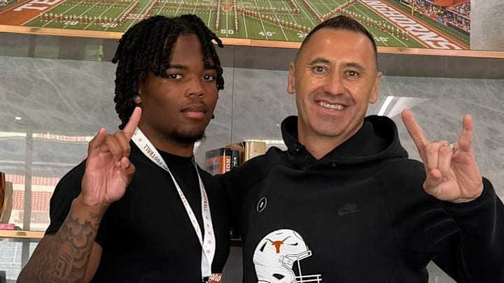 Texas Longhorns Head Coach Steve Sarkisian With Recruiting Target Noah Roberts. 