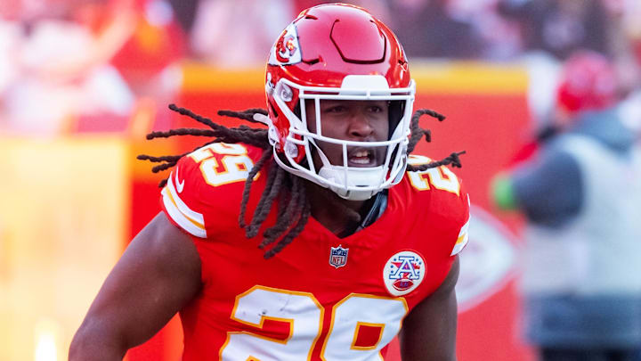 Jan 26, 2025; Kansas City, MO, USA; Kansas City Chiefs running back Kareem Hunt (29) against the Buffalo Bills in the AFC Championship game at GEHA Field at Arrowhead Stadium. Mandatory Credit: Mark J. Rebilas-Imagn Images