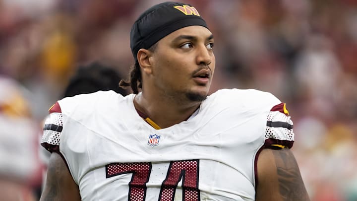 Washington Commanders offensive tackle Brandon Coleman (74) Mandatory Credit: Mark J. Rebilas-Imagn Images