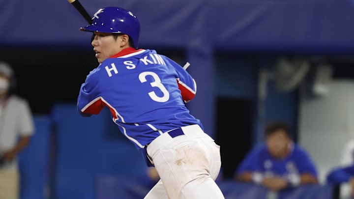 South Korea infielder Hyeseong Kim hits a single against USA in a Tokyo Olympics semifinal game on Aug. 5, 2021, on  at Yokohama Baseball Stadium.