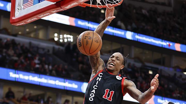 Jan 30, 2024; Chicago, Illinois, USA; Chicago Bulls forward DeMar DeRozan (11) dunks the ball