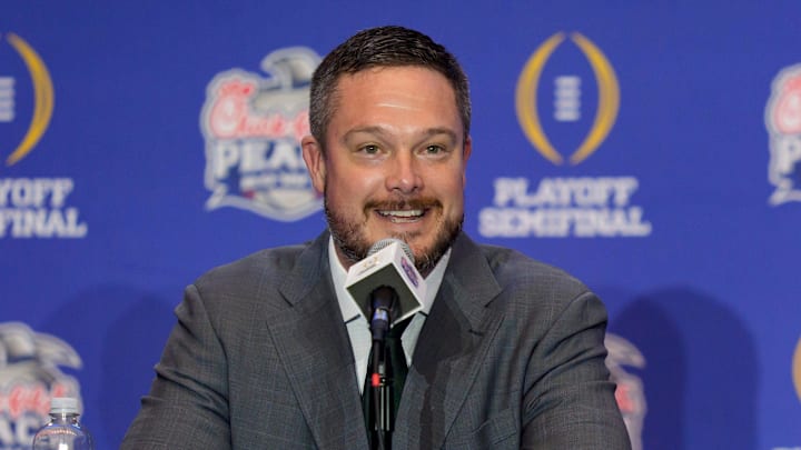 Oregon head coach Dan Lanning speaks during the head coaches’ press conference ahead of the Peach Bowl at the College Football Hall of Fame in Atlanta, Georgia, on Jan. 8, 2026.